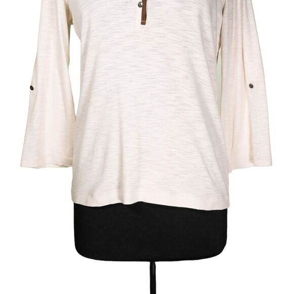 Ralph Lauren Womens Blouse Beige Brown Faux Leather Button 3/4 Sleeve Knit Top L - Picture 7 of 8